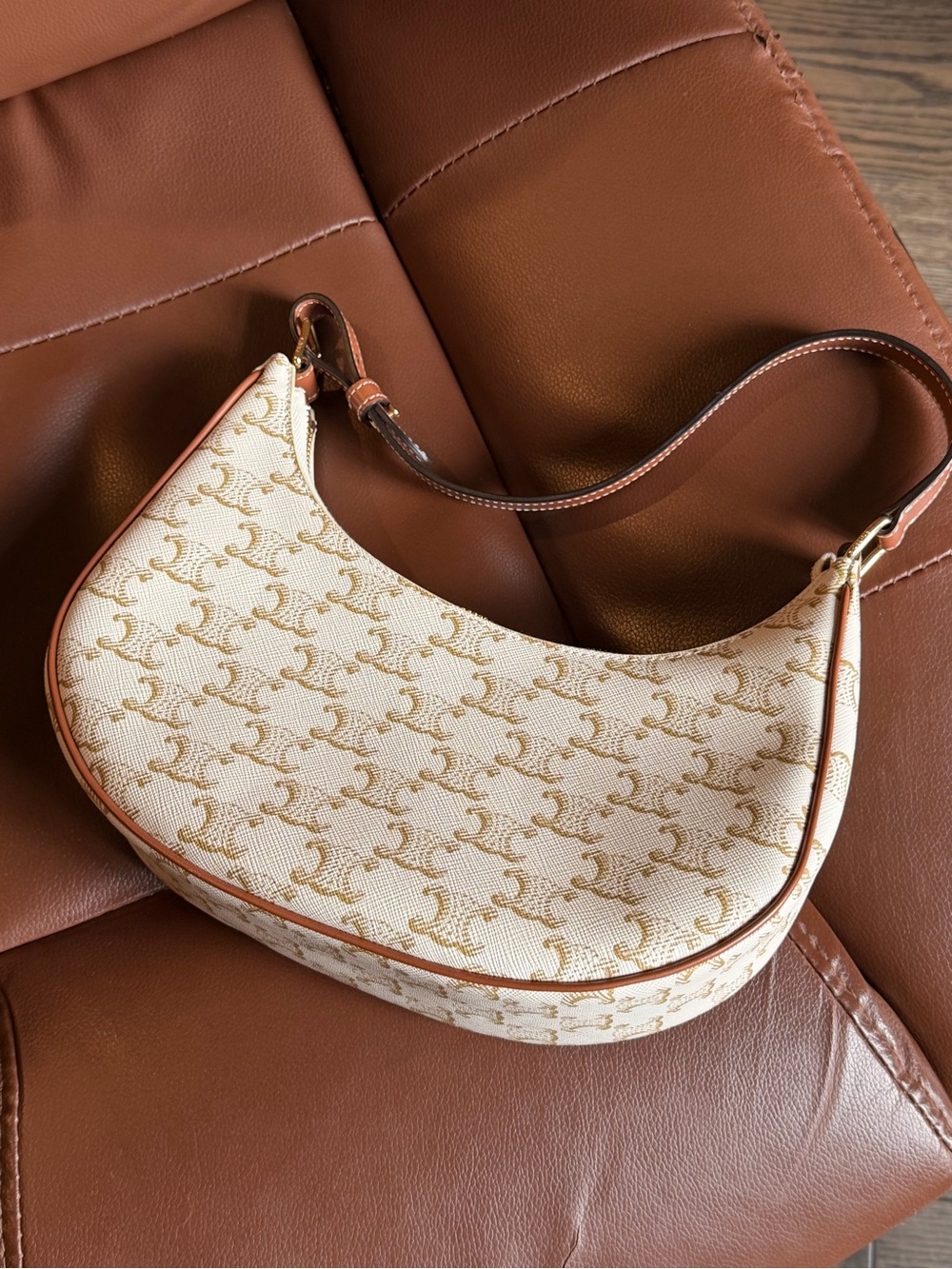 Celine Ava Triomphe Canvas Shoulder Bag Tan Leather Hobo Bag Authentic